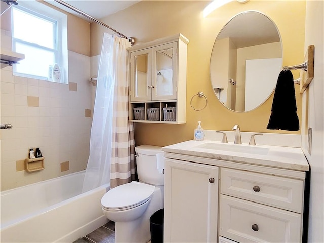 full bathroom with toilet, vanity, and shower / bathtub combination with curtain