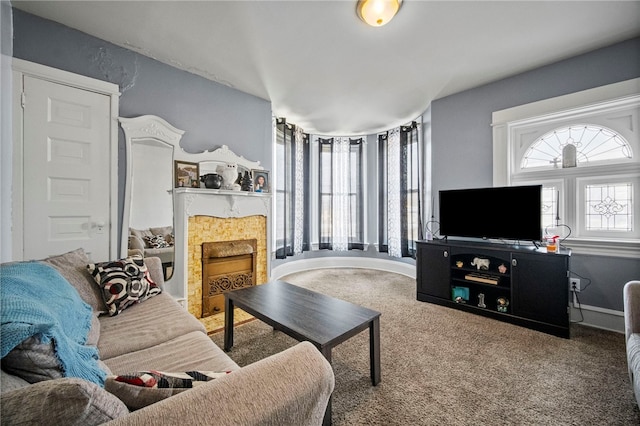 living room featuring a premium fireplace and carpet flooring