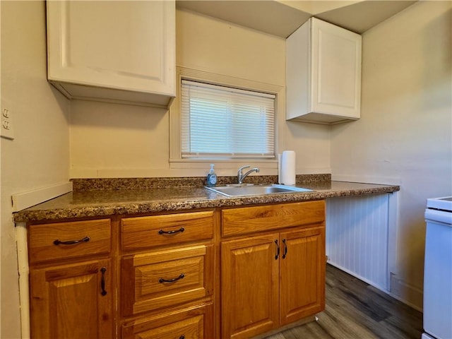 kitchen with a sink, white cabinets, brown cabinets, dark countertops, and dark wood finished floors