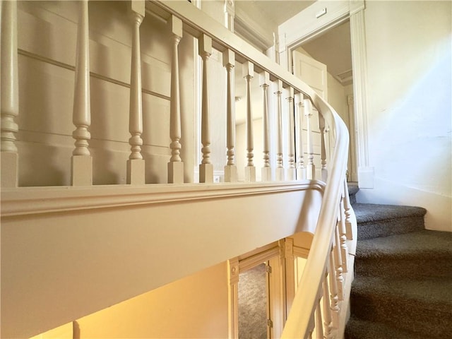 staircase featuring carpet