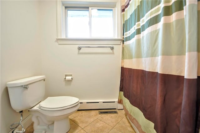 bathroom with a shower with shower curtain, a baseboard radiator, toilet, and tile patterned flooring