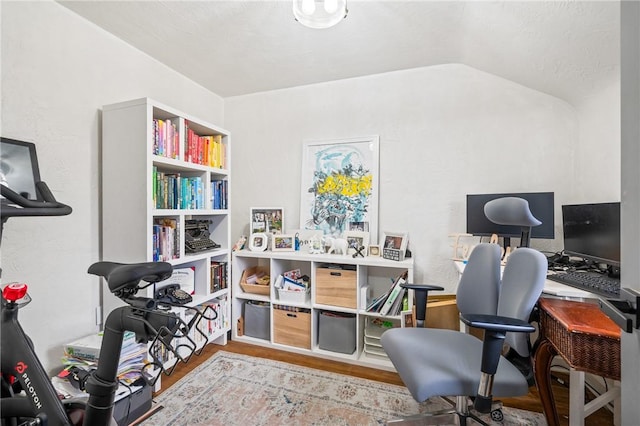 office with lofted ceiling and light hardwood / wood-style floors