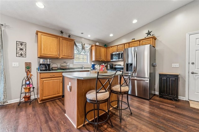 kitchen with lofted ceiling, appliances with stainless steel finishes, dark hardwood / wood-style floors, and a kitchen island