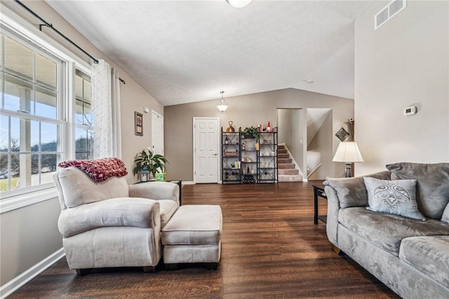 living room with lofted ceiling and dark wood-type flooring