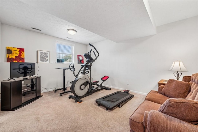 exercise room with carpet and a textured ceiling