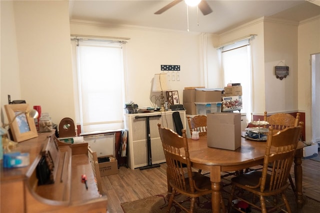 dining room featuring hardwood / wood-style flooring, ornamental molding, and a wealth of natural light