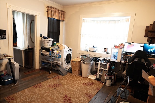 miscellaneous room with ornamental molding, washer / dryer, and hardwood / wood-style floors