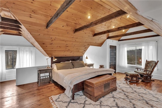 bedroom featuring hardwood / wood-style flooring, lofted ceiling with beams, and wooden ceiling