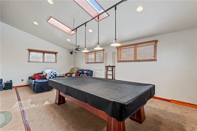 playroom with billiards, vaulted ceiling with skylight, and carpet