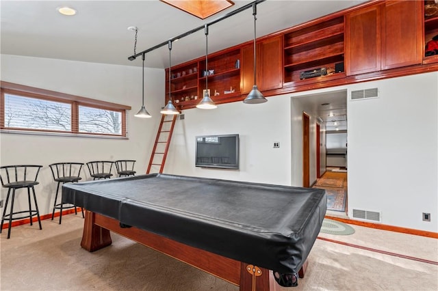 playroom featuring pool table, track lighting, and light carpet