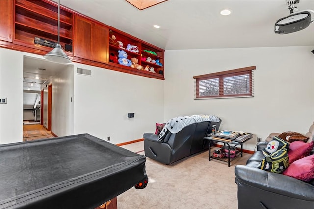 game room featuring light colored carpet and billiards