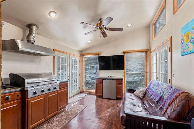 kitchen featuring fridge, a wealth of natural light, lofted ceiling, and dark hardwood / wood-style flooring