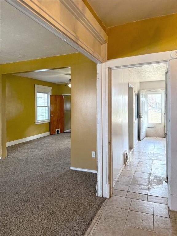 corridor with plenty of natural light and light carpet