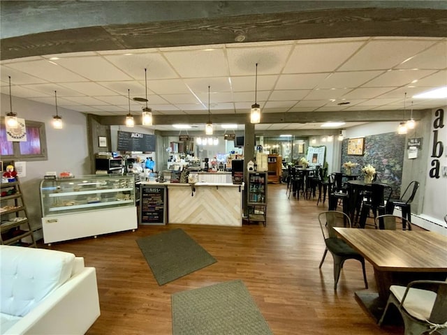 kitchen with a paneled ceiling, dark hardwood / wood-style floors, pendant lighting, and beverage cooler