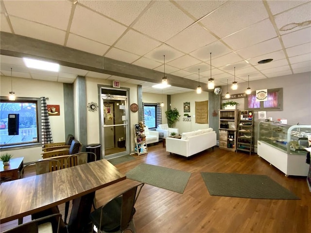 living room featuring dark wood-type flooring and a paneled ceiling