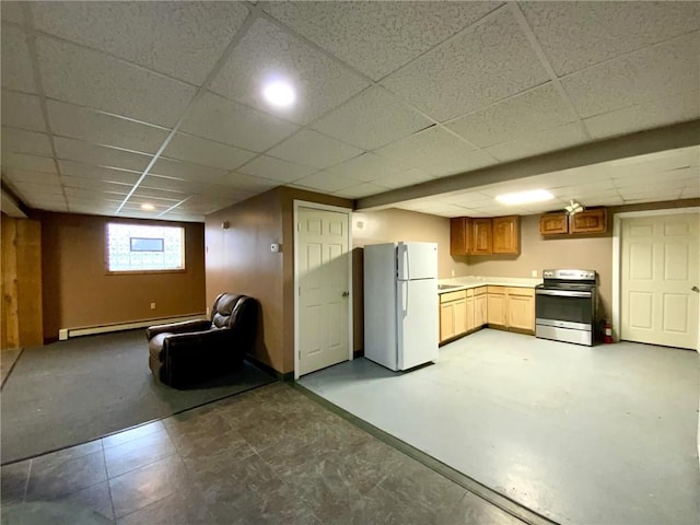 kitchen featuring a paneled ceiling, a baseboard radiator, sink, white fridge, and electric range