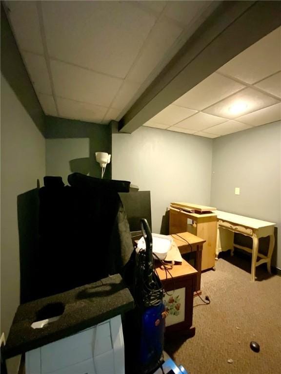 basement featuring carpet and a paneled ceiling