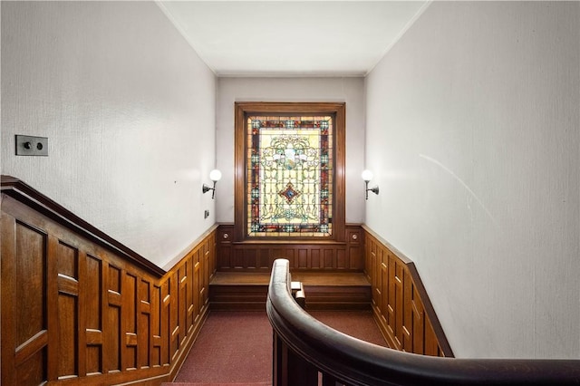 corridor with crown molding and dark colored carpet