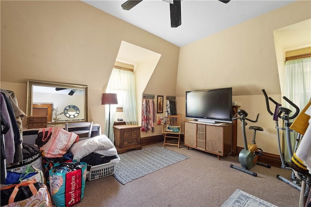 bedroom with light colored carpet and ceiling fan