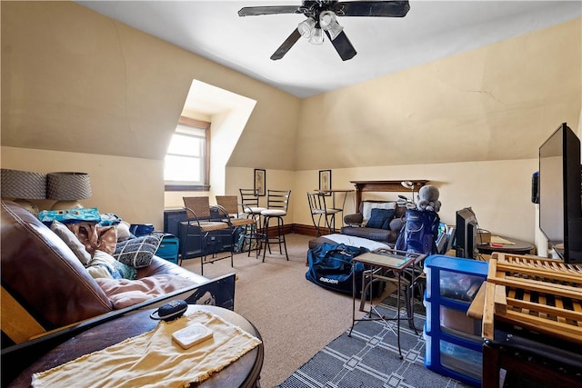 interior space with vaulted ceiling and ceiling fan