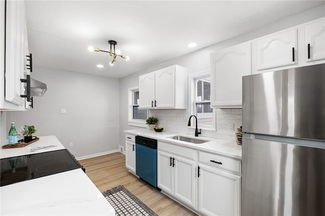 kitchen with sink, white cabinetry, light hardwood / wood-style flooring, appliances with stainless steel finishes, and backsplash