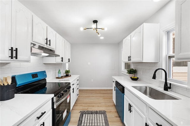 kitchen with dishwasher, white cabinetry, sink, stainless steel range with electric stovetop, and light stone countertops