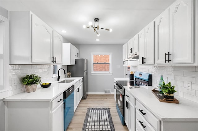 kitchen with stainless steel electric stove, dishwasher, light hardwood / wood-style floors, and white cabinets