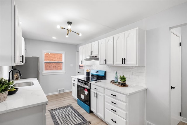 kitchen featuring sink, light hardwood / wood-style flooring, stainless steel appliances, tasteful backsplash, and white cabinets
