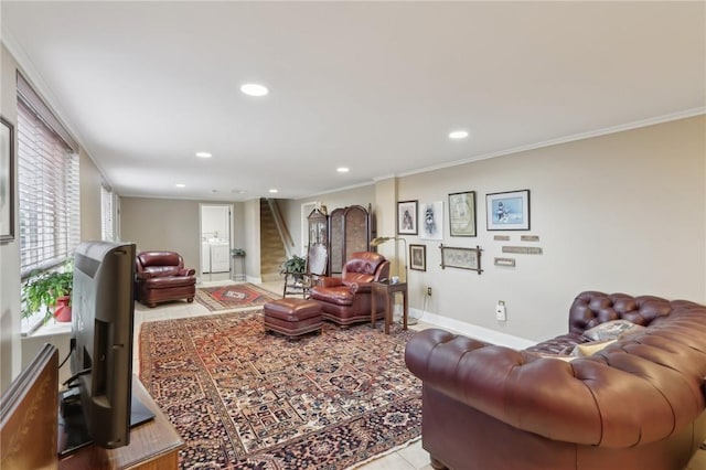 tiled living room with crown molding