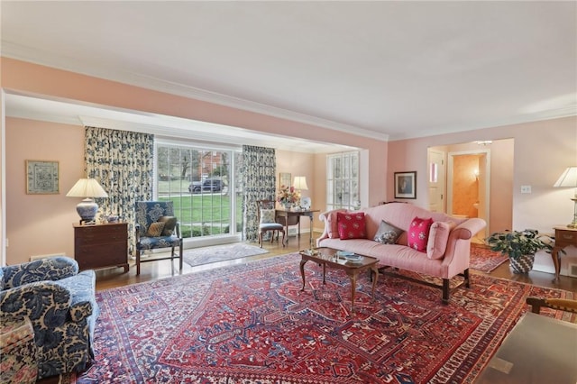 living room featuring crown molding and hardwood / wood-style flooring