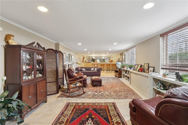 tiled living room with crown molding