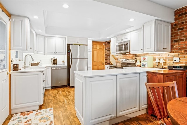 kitchen with white cabinetry, sink, kitchen peninsula, and appliances with stainless steel finishes