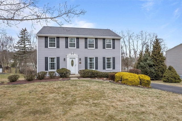 colonial-style house featuring a front lawn