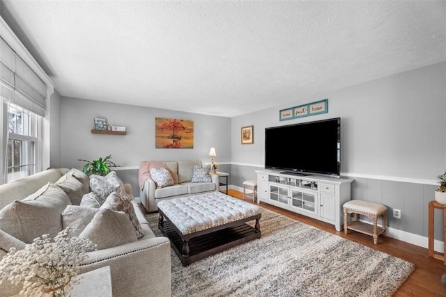 living room with hardwood / wood-style flooring and a textured ceiling