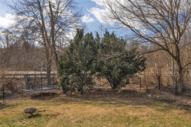 view of yard with a trampoline and a fire pit