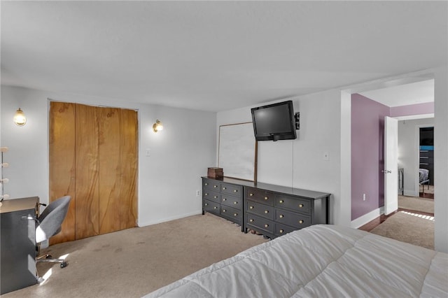 bedroom with light colored carpet