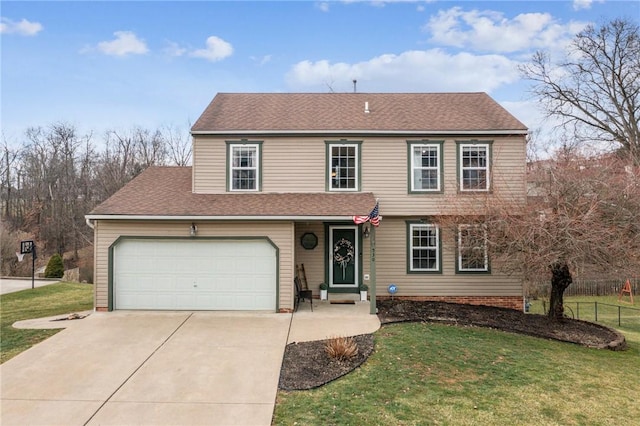 view of front of house with a front yard, concrete driveway, fence, and roof with shingles