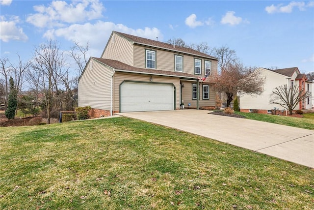 traditional-style home with a front yard, an attached garage, and driveway