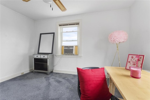 living area featuring cooling unit, ceiling fan, and dark colored carpet