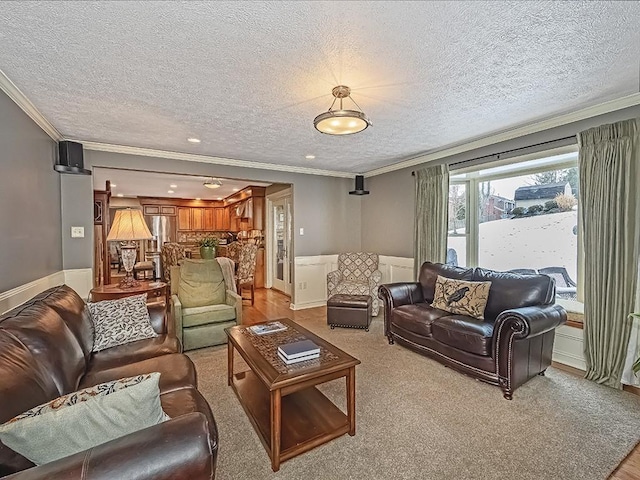 living room featuring crown molding, light colored carpet, and a textured ceiling