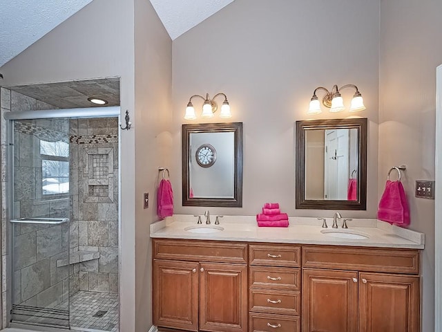 bathroom featuring vanity, vaulted ceiling, and a shower with shower door