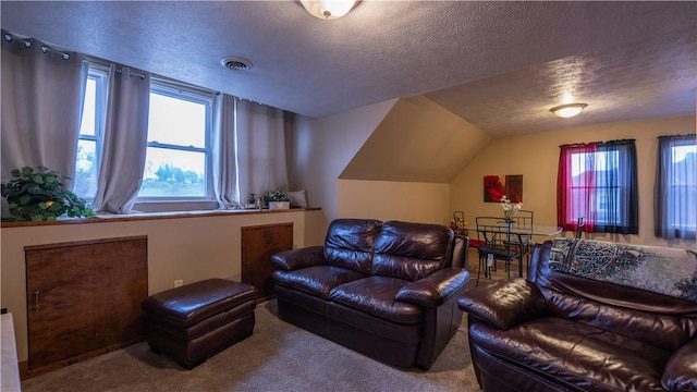 interior space with visible vents, vaulted ceiling, and a textured ceiling