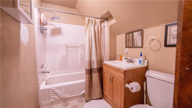 full bath with lofted ceiling, vanity, shower / bath combination with curtain, and toilet