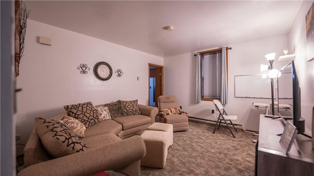 living room with a baseboard heating unit and carpet flooring