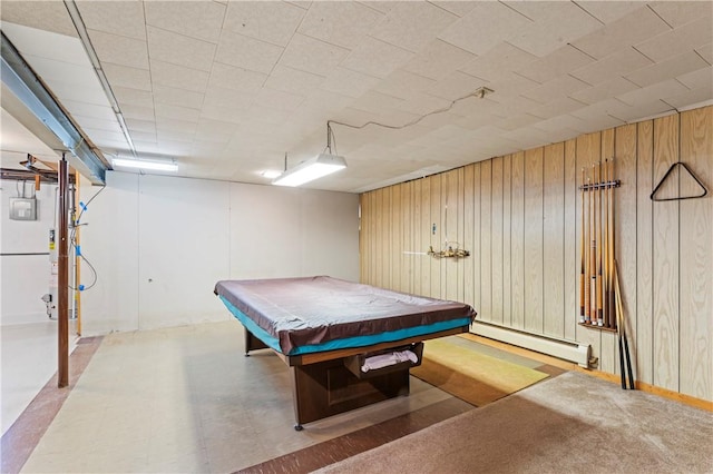 recreation room with wooden walls, billiards, and baseboard heating