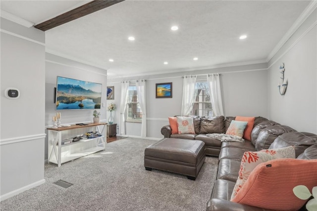 living room featuring crown molding, carpet flooring, and beam ceiling