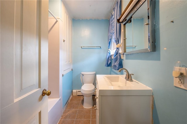 bathroom with tile patterned floors, toilet, a baseboard radiator, vanity, and a bathtub