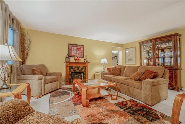 living room with a fireplace