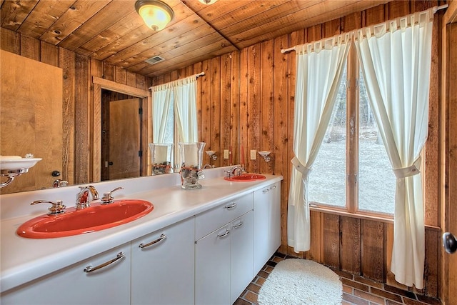 bathroom featuring vanity, wood ceiling, and wood walls