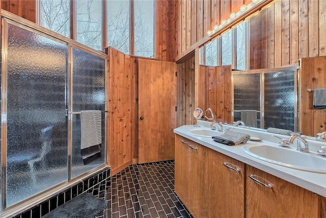 bathroom with vanity and wood walls